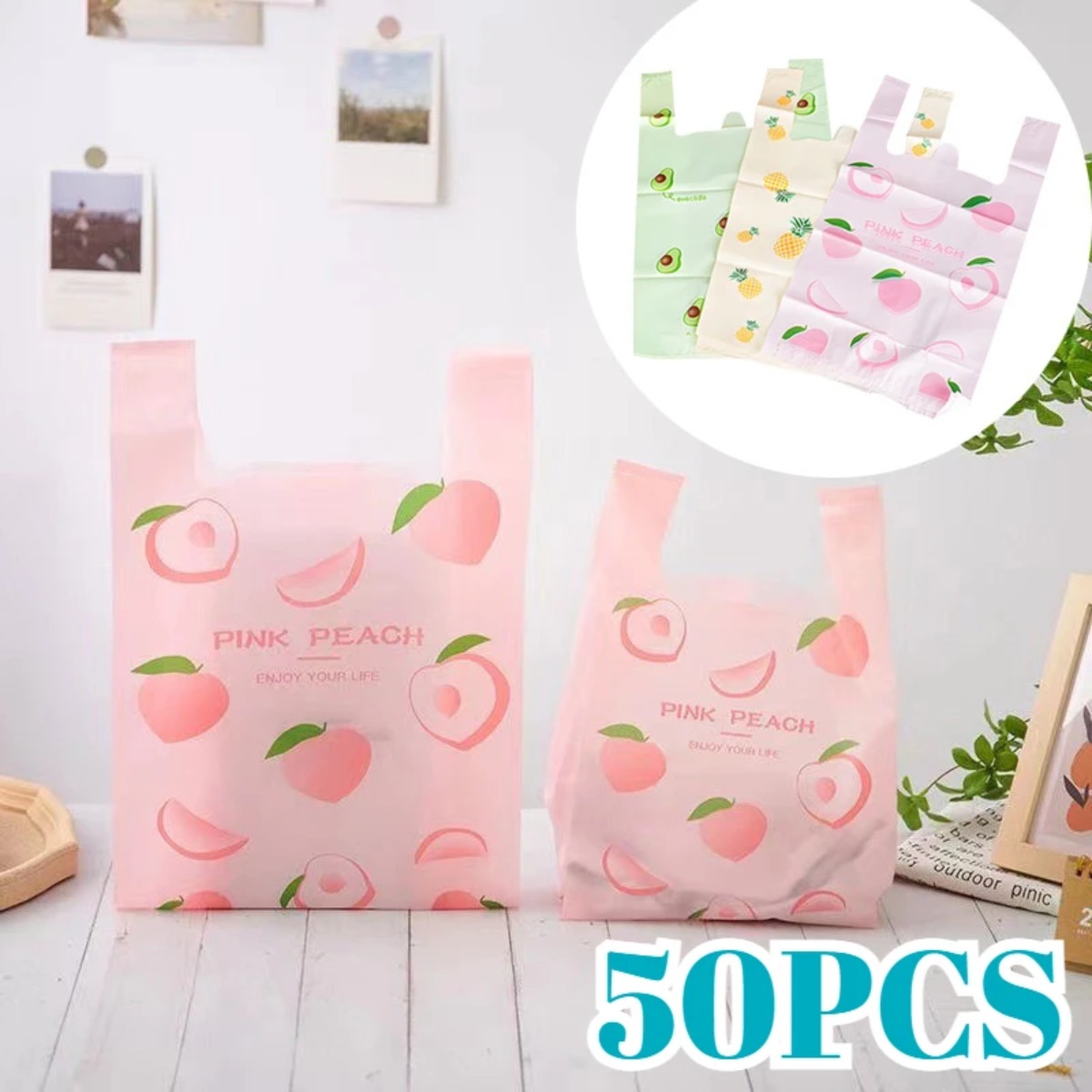 Event Party Shop - ถุงของขวัญแบบถือได้ 50 ชิ้น ลายผลไม้สุดน่ารัก ถุงพลาสติกสำหรับเสื้อผ้า ครัว