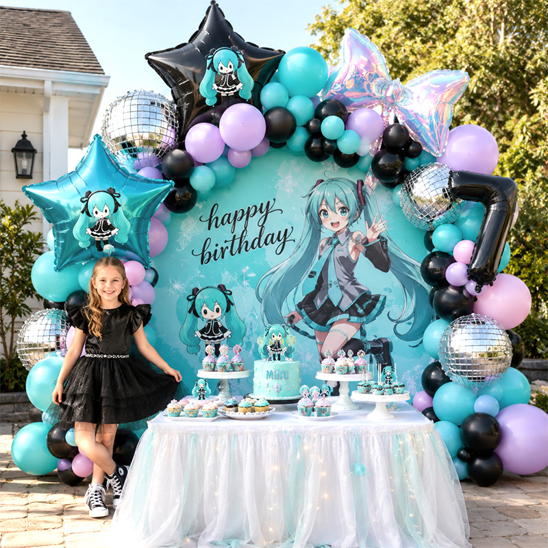 Balloon Arch Kit - ชุดตกแต่งซุ้มลูกโป่งฮัตสึเนะ มิคุ นักร้องเสมือนจริง, ลูกโป่งสีเขียวอมดำผสมสำหรับแฟนๆ อนิเมะ อุปกรณ์ตกแต่งงานวันเกิด