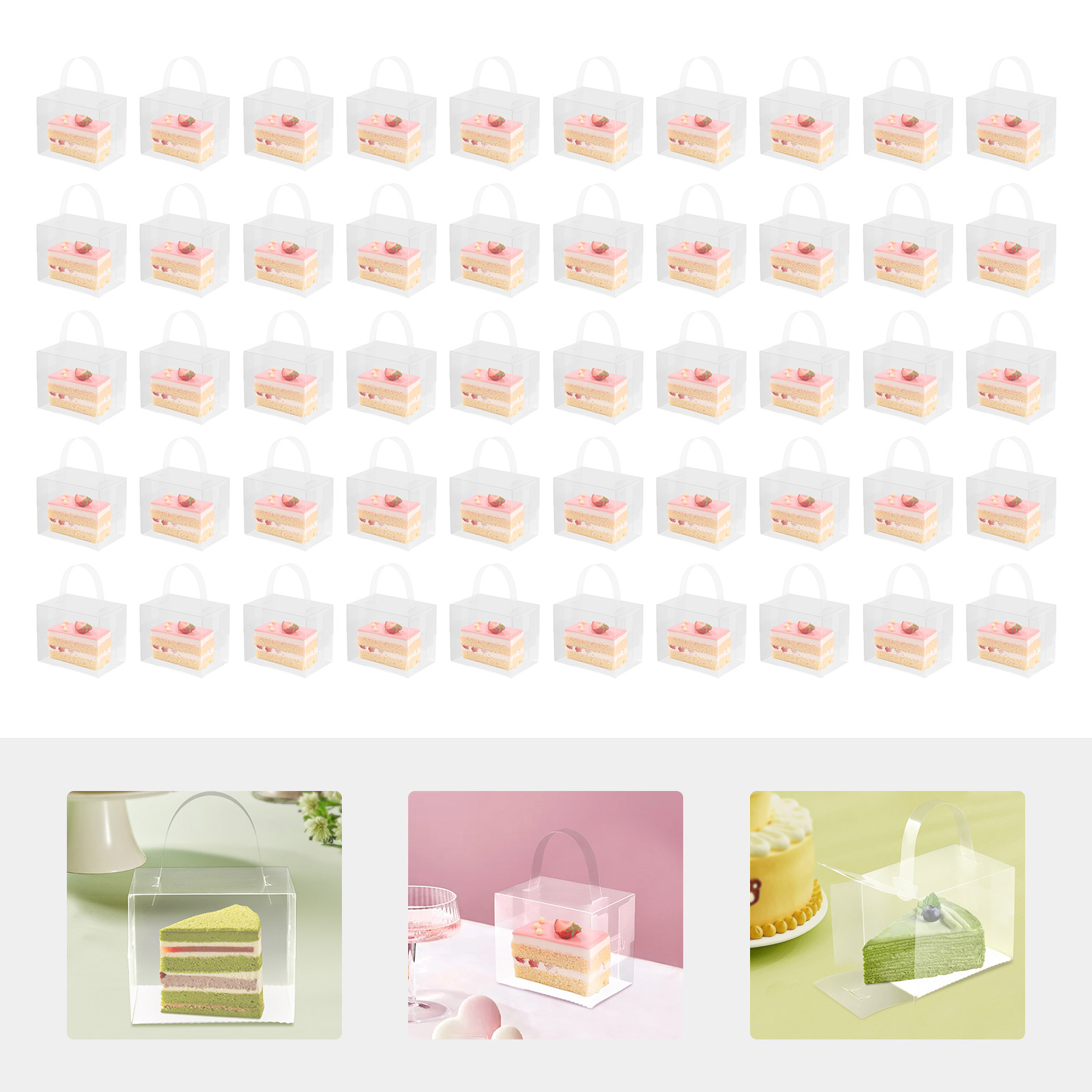 Event Party Box - ชุดกล่องเค้กใส 50 ชิ้น, กล่องพลาสติกใส่เค้กพร้อมฝาและหูหิ้ว ขนาด 4.7x3.9x3.15