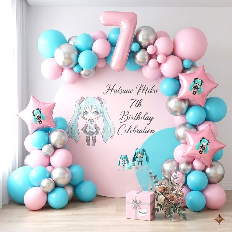 Balloon Arch Kit - ชุดตกแต่งซุ้มลูกโป่งฮัตสึเนะ มิคุ นักร้องเสมือนจริง, ลูกโป่งสีเขียวอมดำผสมสำหรับแฟนๆ งานวันเกิด ตกแต่งผนังถ่ายรูป