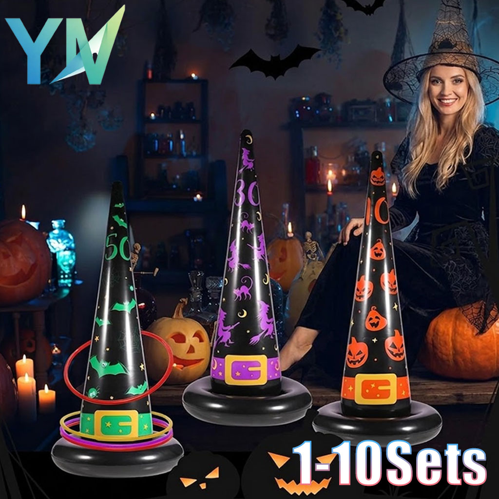 Party Hat Cone - ชุดวงแหวนเป่าลมฮาโลวีน 1-10 ชุด พร้อมหมวกแม่มด PVC และเป้ารูปกรวย